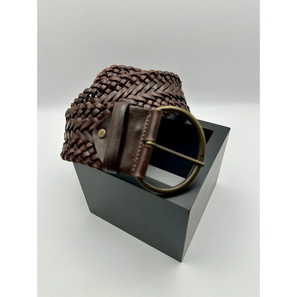 Womens Y2K Woven Leather Belt Sz Large Brown Vintage Wide Braided Boho
